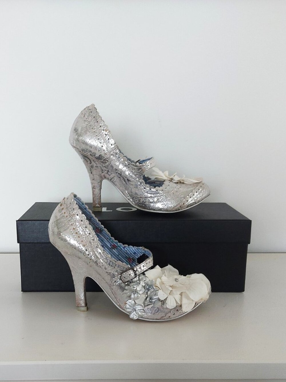 Irregular Choice Silver Lace Shoe with Silver & White Floral Detail - Size 36